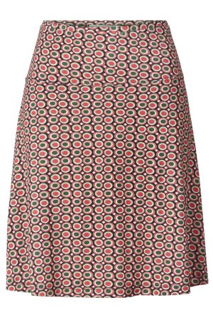 Himalaya Clothing Anna og Lena Nederdel 799 Nederdel i et flot retro print,  Nederdelen har et fint grafisk print i grøn- rød og hvide cirkler. Himalaya Clothing Anna og Lena Nederdel 799 har elastik i taljen og går ud i  A form. Er stilfuld - feminin og klassisk, perfekt til både afslappet og mere formelle anledninger.